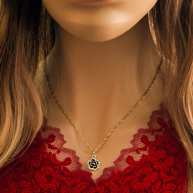 Sparkly Black Rose necklace, Gold- 20 inch - - LadybugfeetDesigns -