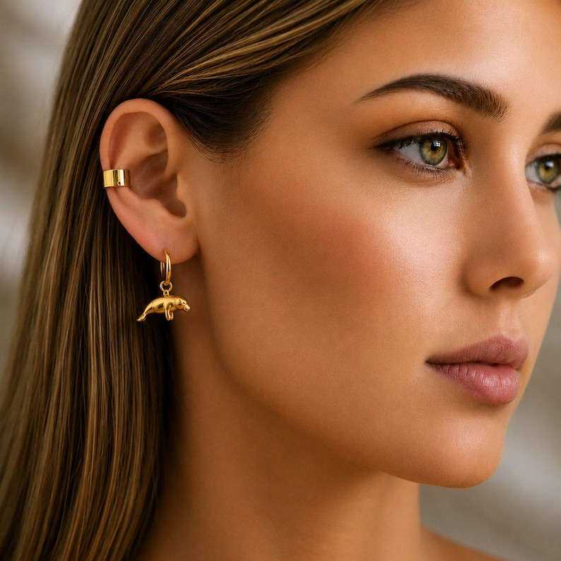 Manatee Earrings, Gold Hoop - 10 mm - - LadybugfeetDesigns -
