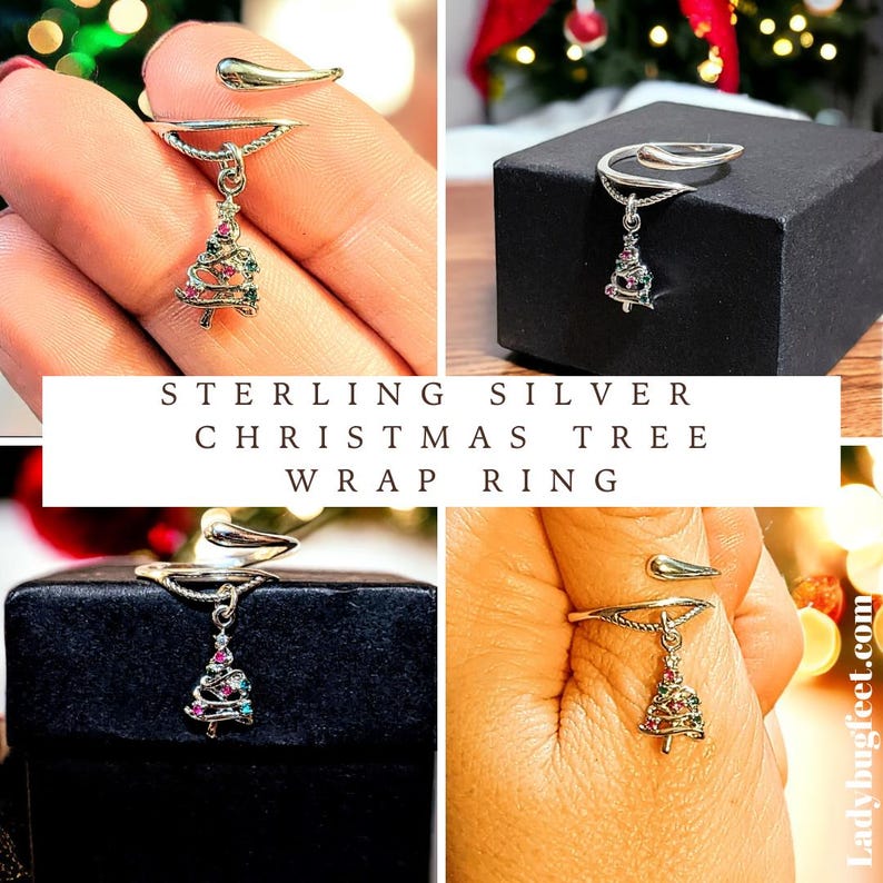 Christmas Tree Charm Dangle Wrap Ring - - LadybugfeetDesigns -