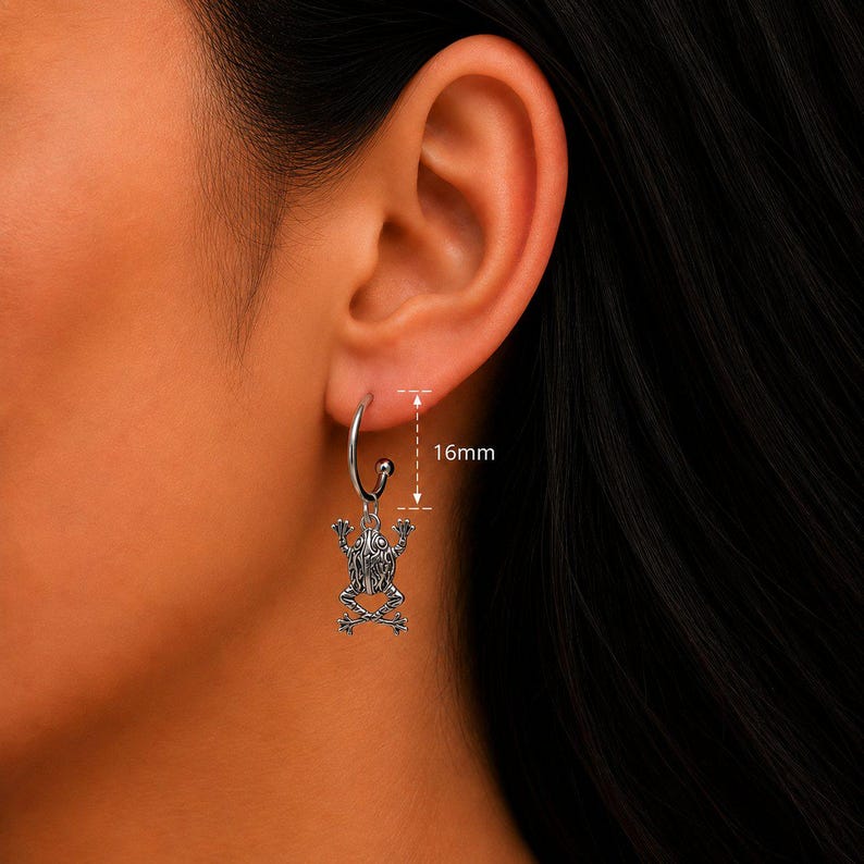 Fancy Frog Hoop Earrings, Silver - 16mm - - LadybugfeetDesigns -