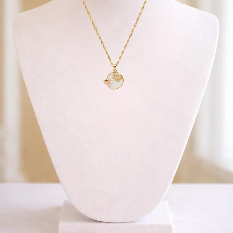 Pearl Shell Heart Sun necklace, Gold- 20 inch - - LadybugfeetDesigns -
