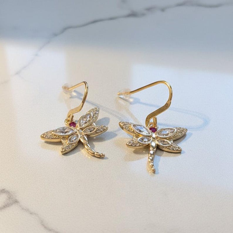 CZ Dragonfly dangle earrings, Gold - - LadybugfeetDesigns -