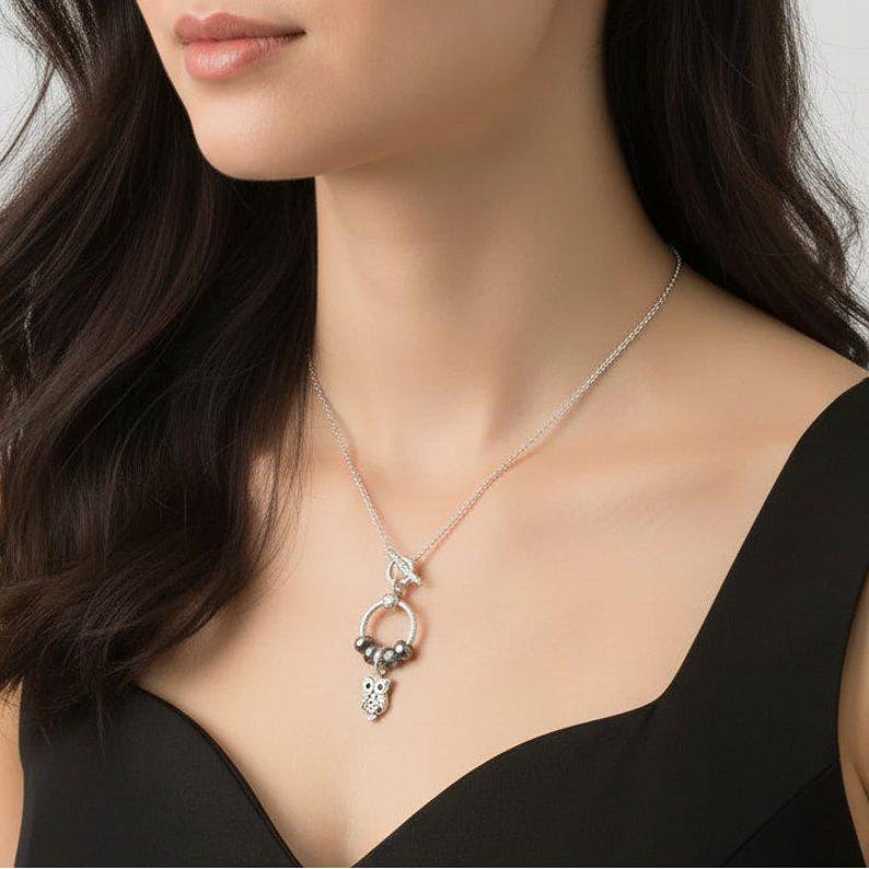 Pretty Owl Sterling Silver Toggle Charm Necklace, 20 inches - - LadybugfeetDesigns -