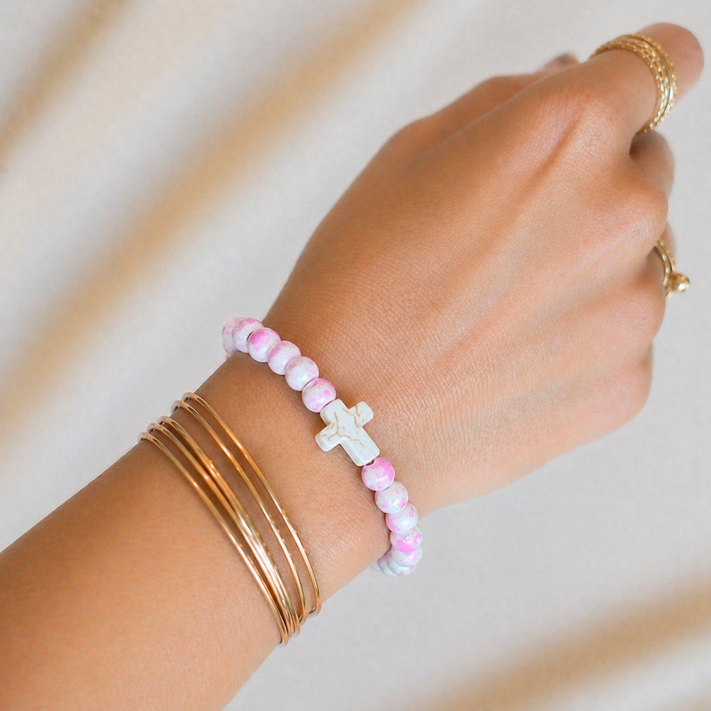 Pink Ivory Beaded Cross Stretch bracelet - - LadybugfeetDesigns -