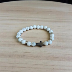 White Gray Beaded Cross Stretch Bracelet-UNISEX - - LadybugfeetDesigns -