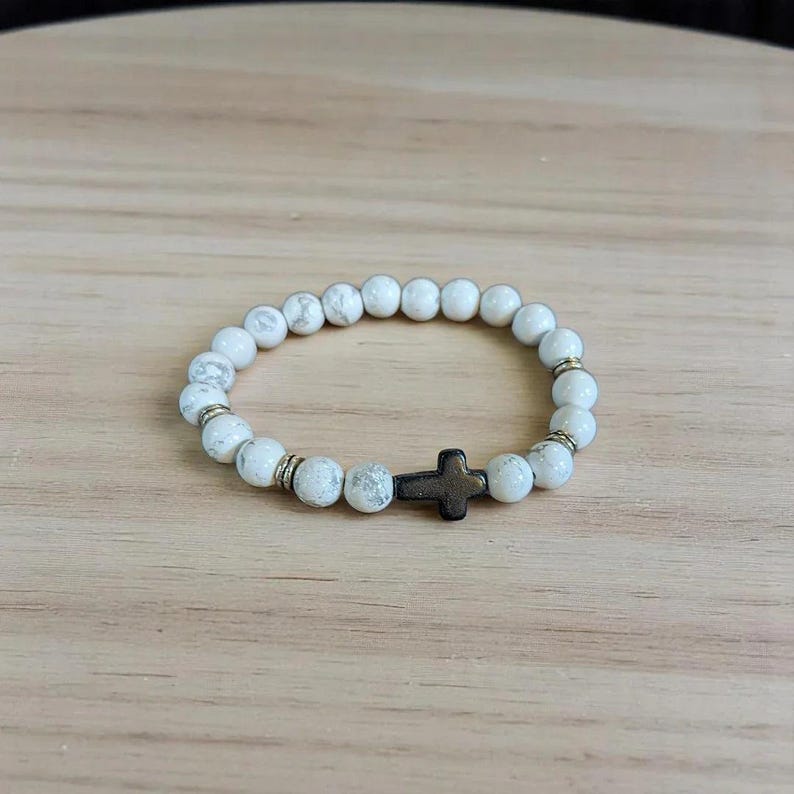 White Gray Beaded Cross Stretch Bracelet-UNISEX - - LadybugfeetDesigns -