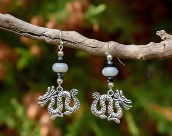 Dragon Boulder Opal Beaded Hook Earrings, Silver