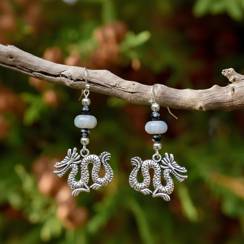 Dragon Boulder Opal Beaded Hook Earrings, Silver - - LadybugfeetDesigns -