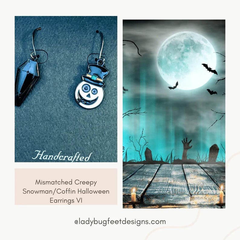 Mismatched Creepy Snowman/Coffin Halloween Earrings VI - - LadybugfeetDesigns -