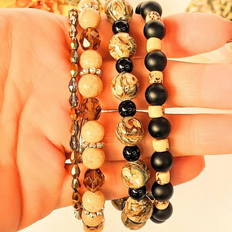 Chunky Jasper Coffee layered cuff bracelet - - LadybugfeetDesigns -
