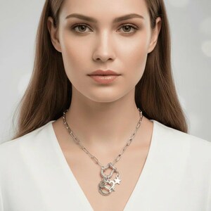 Celestial Crescent Moon and Heart Shackle Clasp Carabiner Necklace, Silver - 20 inch - - LadybugfeetDesigns -