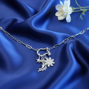 Celestial Moon Face, CZ Sun and Star Shackle Clasp Carabiner Necklace, Silver - 20 inch - - LadybugfeetDesigns -
