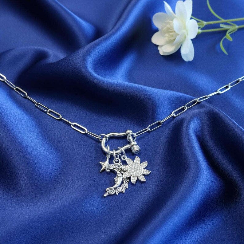 Celestial Moon Face, CZ Sun and Star Shackle Clasp Carabiner Necklace, Silver - 20 inch - - LadybugfeetDesigns -