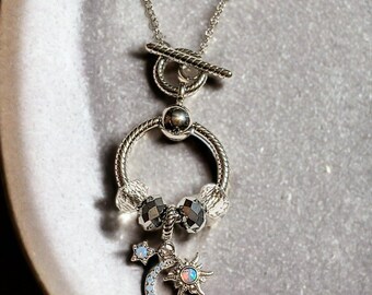Moon Sun Star Sterling Silver Toggle Charm Necklace, 20 inches