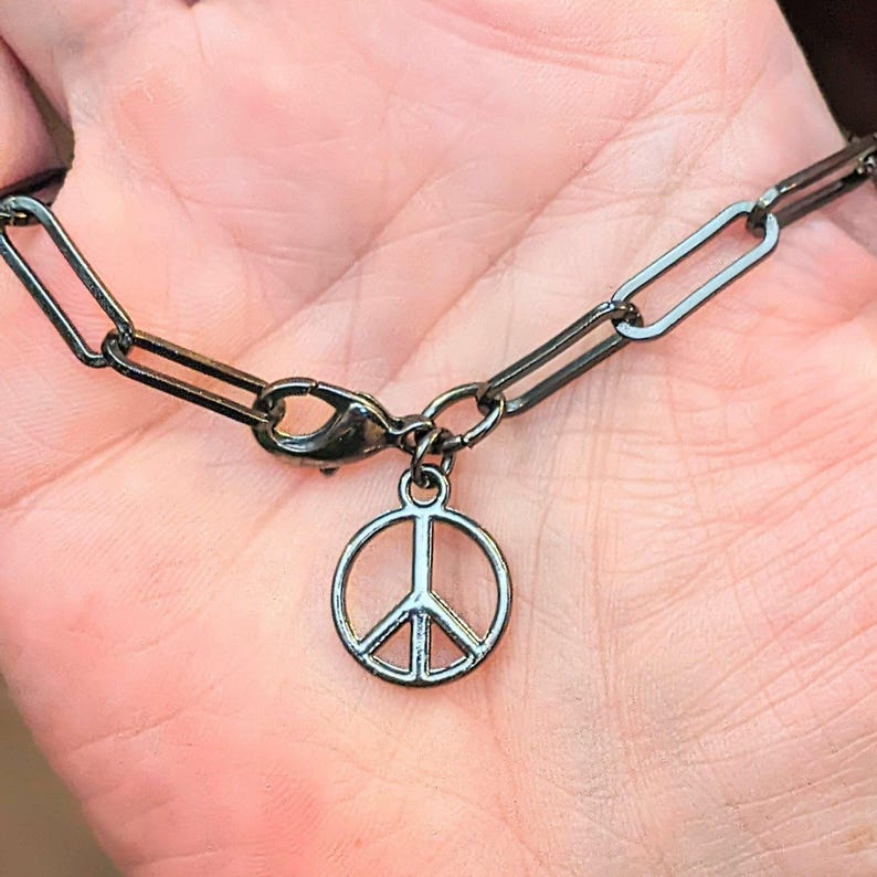 Peace Sign Gunmetal Paperclip Chain Bracelet - - LadybugfeetDesigns -