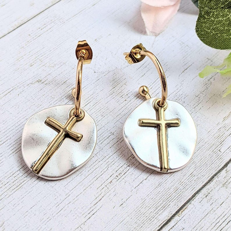 Cross Two-Tone Dangle Earrings - - LadybugfeetDesigns -