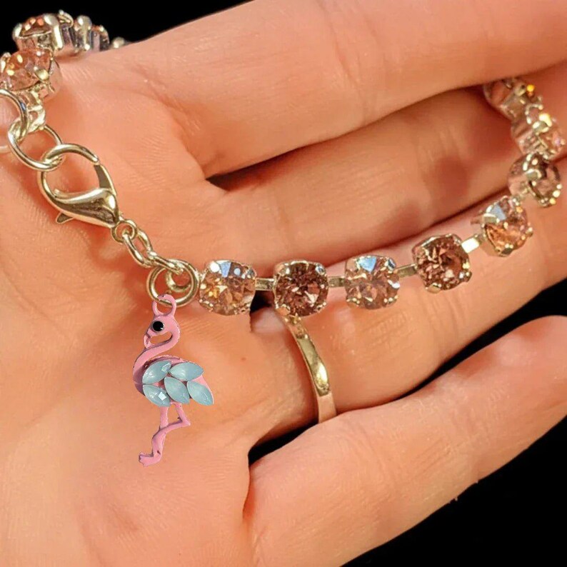 Pink Flamingo Faceted Crystal Bracelet, Silver - - LadybugfeetDesigns -