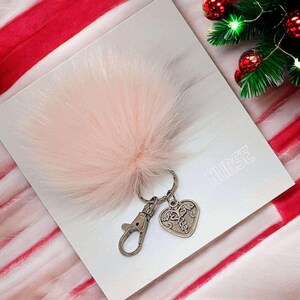 Nurse-Medical Worker Keychain/Faux Fur Pom Pom Charm Key Chain-Purse Charm/Journal Charm - - LadybugfeetDesigns -