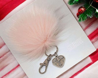 Nurse-Medical Worker Keychain/Faux Fur Pom Pom Charm Key Chain-Purse Charm/Journal Charm