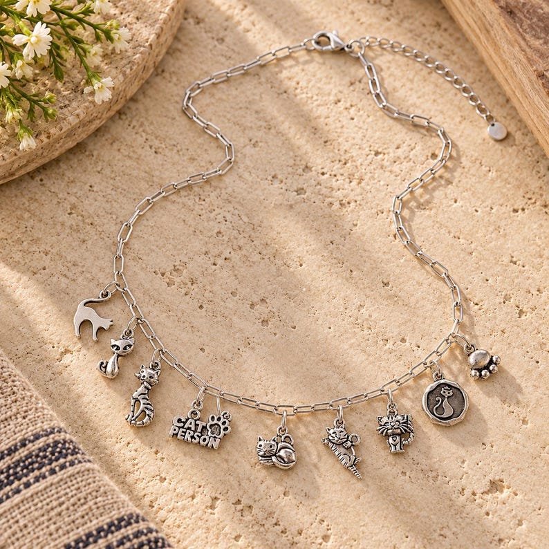 Cat Person Multi Charm Link Necklace, Silver - 20 inch image 1