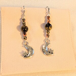Crescent Moon Tiger's Eye Beaded Hook Earrings, Silver - - LadybugfeetDesigns -