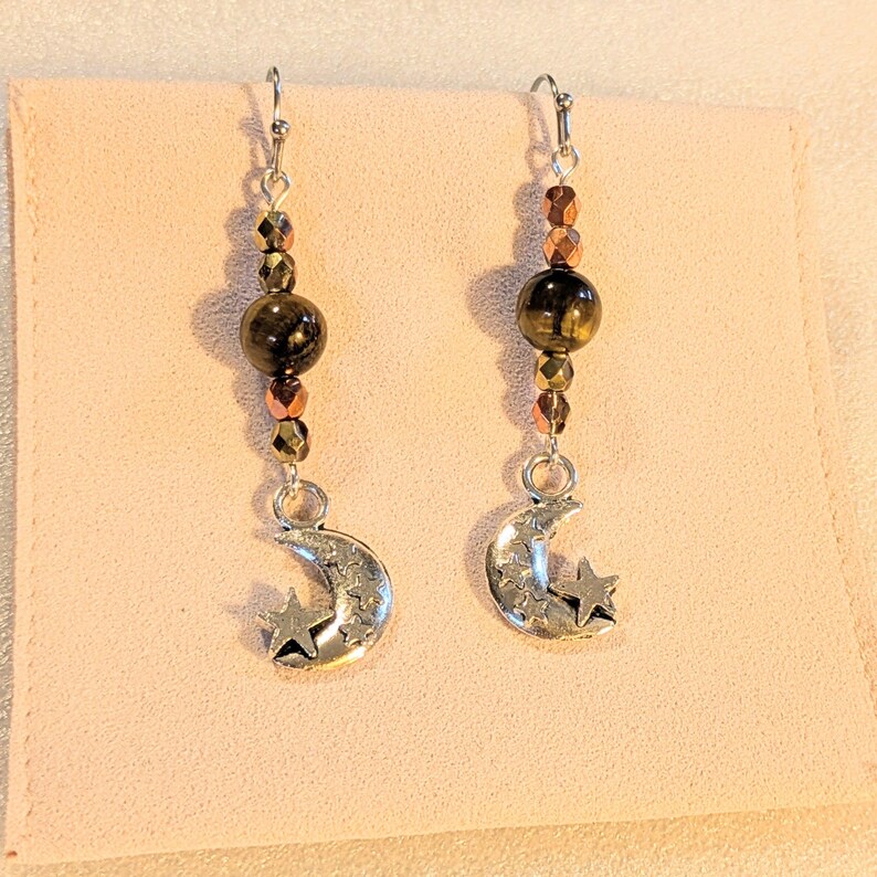 Crescent Moon Tiger's Eye Beaded Hook Earrings, Silver - - LadybugfeetDesigns -