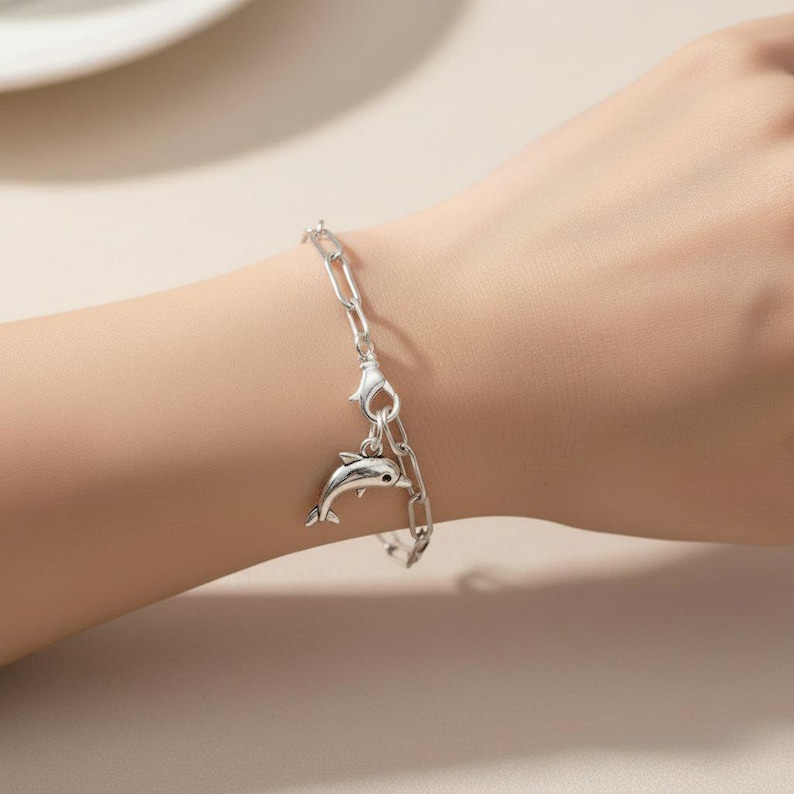 Dolphin Stainless Steel Paperclip Chain Bracelet, Silver - - LadybugfeetDesigns -