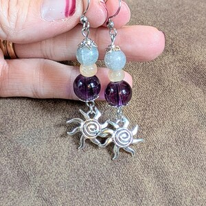 Celestial Sun Beaded Hook Earrings, Silver - - LadybugfeetDesigns -