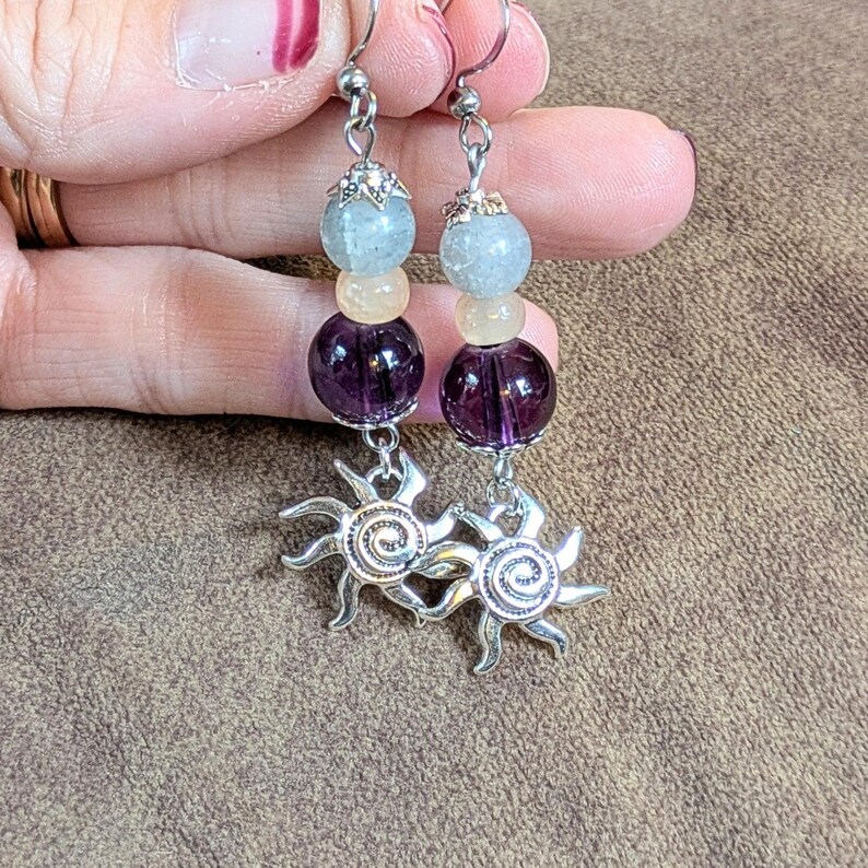 Celestial Sun Beaded Hook Earrings, Silver - - LadybugfeetDesigns -