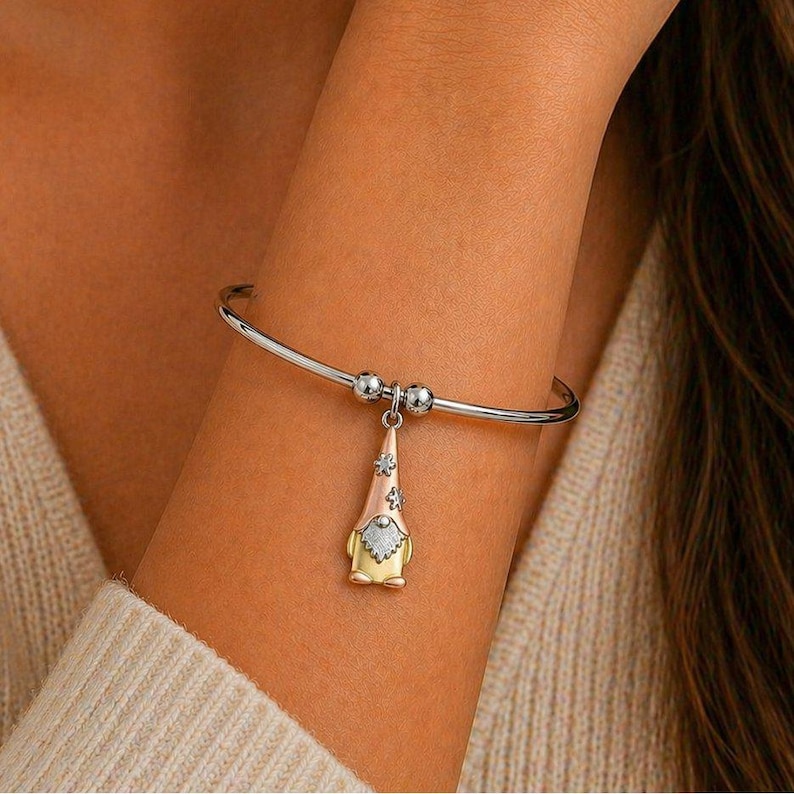 Gnome Euro Bangle Cuff, Silver - - LadybugfeetDesigns -
