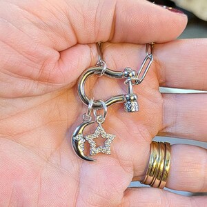 Celestial Moon CZ Star Shackle Clasp Carabiner Necklace, Silver - 20 inch - - LadybugfeetDesigns -