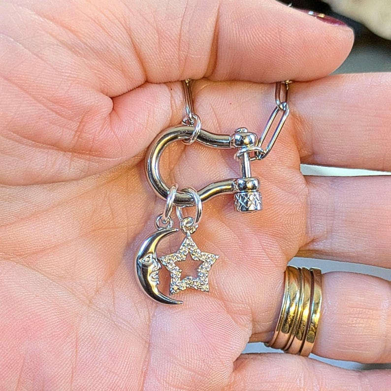 Celestial Moon CZ Star Shackle Clasp Carabiner Necklace, Silver - 20 inch - - LadybugfeetDesigns -