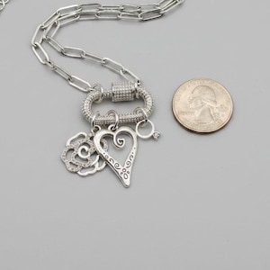 Romantic Rose, Heart, Diamond Ring Carabiner Necklace, Silver - Adjusts up to 20 inches - - LadybugfeetDesigns -