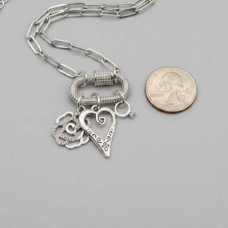 Romantic Rose, Heart, Diamond Ring Carabiner Necklace, Silver - Adjusts up to 20 inches - - LadybugfeetDesigns -