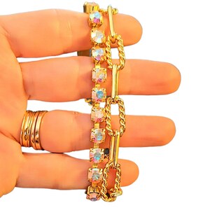 Gold Paperclip Layered Faceted Crystal Bracelet - - LadybugfeetDesigns -