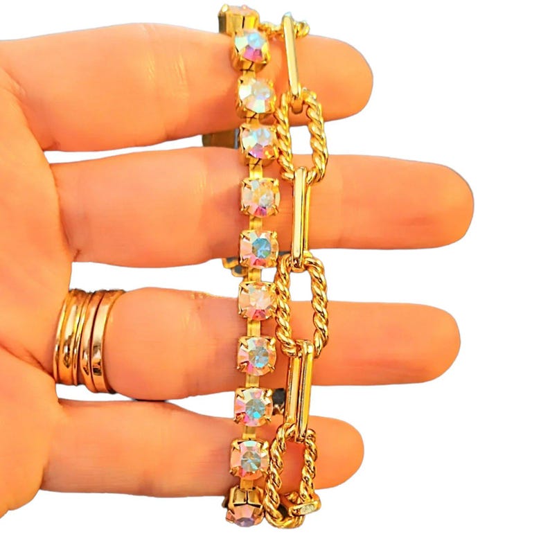 Gold Paperclip Layered Faceted Crystal Bracelet - - LadybugfeetDesigns -