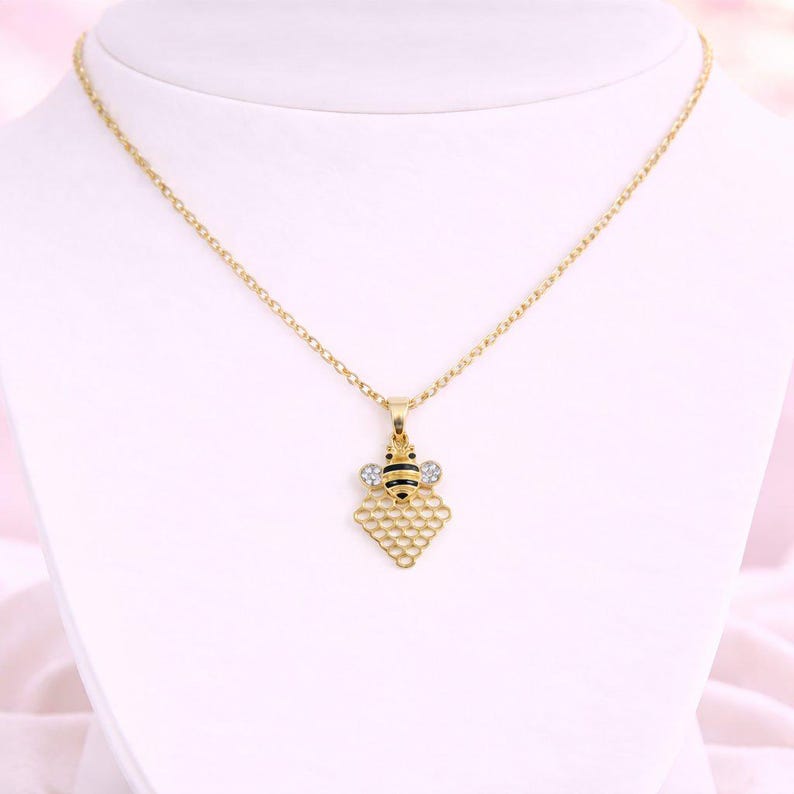 Honey Bee Honeycomb charm necklace and Earring set, Gold - - LadybugfeetDesigns -