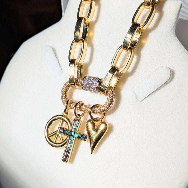 Peace & Love Carabiner Necklace, Gold - Adjusts up to 20 inches - - LadybugfeetDesigns -