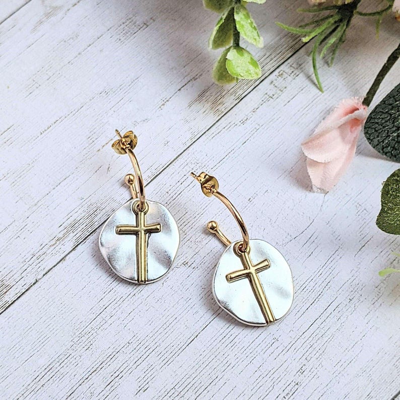 Cross Two-Tone Dangle Earrings - - LadybugfeetDesigns -