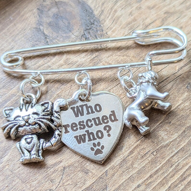 Who Rescued Who? Safety Pin Brooch, Purse Charm - - LadybugfeetDesigns -