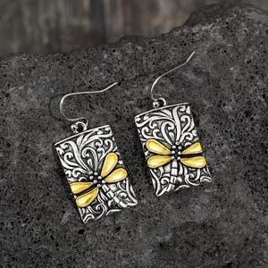 Dragonfly Fancy Tag Earrings, Silver - - LadybugfeetDesigns -
