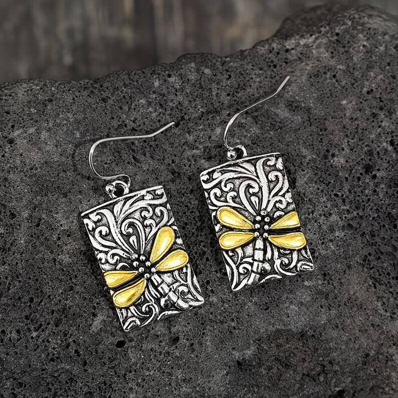 Dragonfly Fancy Tag Earrings, Silver - - LadybugfeetDesigns -
