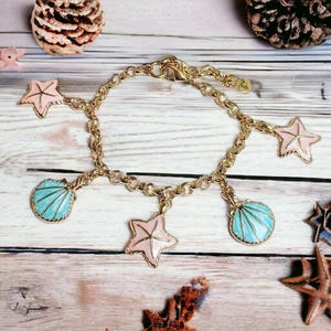 Pastel Seashell Charm Bracelet - - LadybugfeetDesigns -