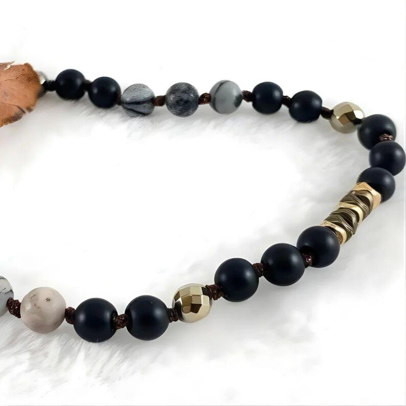 Spider Web Jasper + Hematite + Crystal Semi-Precious Gemstone Necklace - 36 inch - - LadybugfeetDesigns -