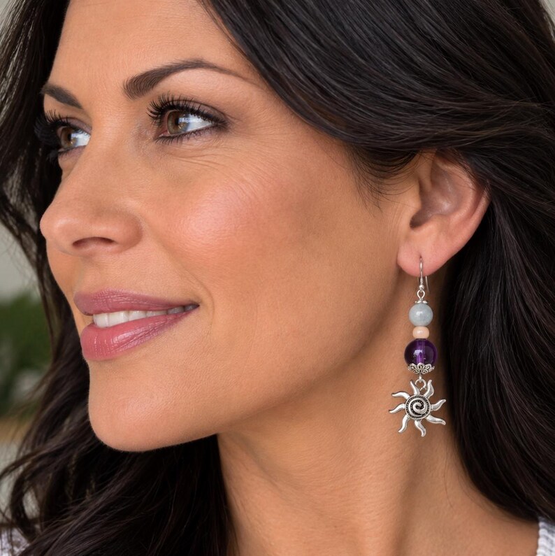 Celestial Sun Beaded Hook Earrings, Silver - - LadybugfeetDesigns -