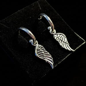 ANGEL Wing Sterling Hoop Earrings, Hoop Drop - - LadybugfeetDesigns -