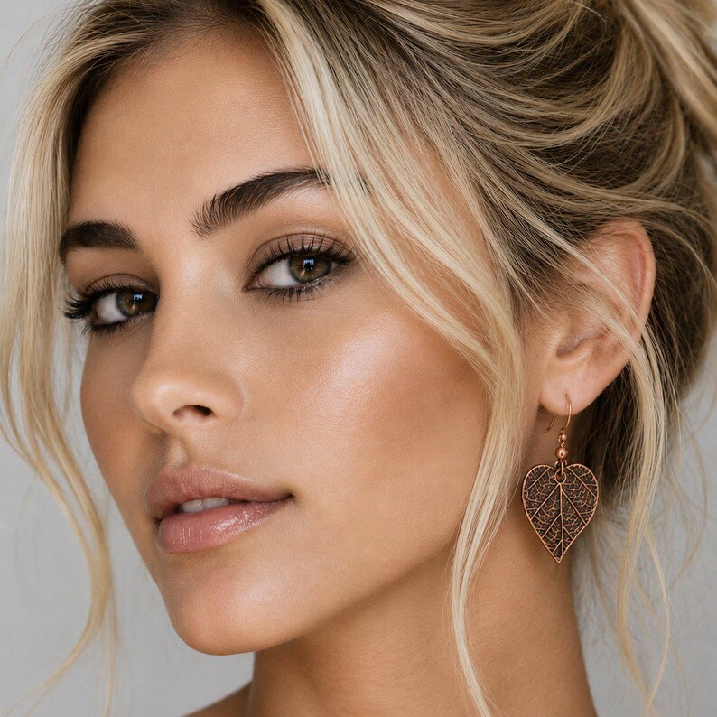 Leaf dangle earrings, Copper/Rose Gold - - LadybugfeetDesigns -