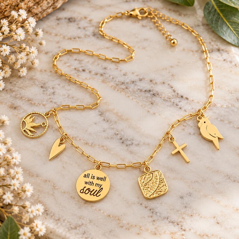 All is Well With my Soul Multi Charm Link Necklace, Gold- 20 inch - - LadybugfeetDesigns -