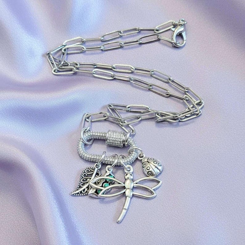 Large Dragonfly, Garden Friends Carabiner Necklace, Silver - 20 inch - - LadybugfeetDesigns -