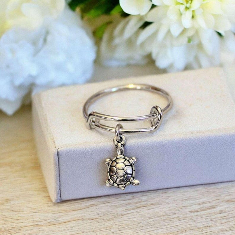 Tiny Sea Turtle Expandable Charm Ring - - LadybugfeetDesigns -